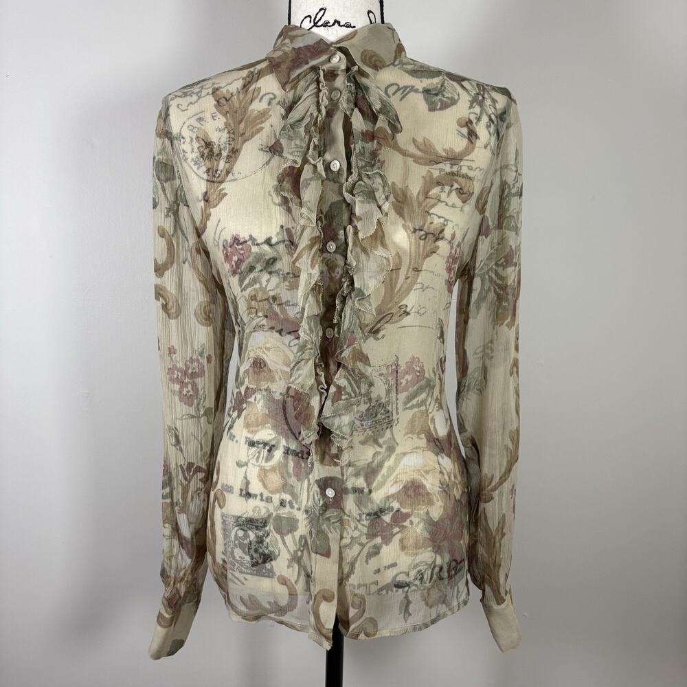 Lauren Ralph Lauren 100% Silk Ruffle Floral Georgette Blouse Sheer Tan L
